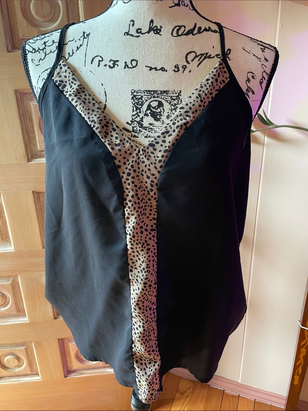Source Unknown Black Satin Cami with Leopard-Print Trim